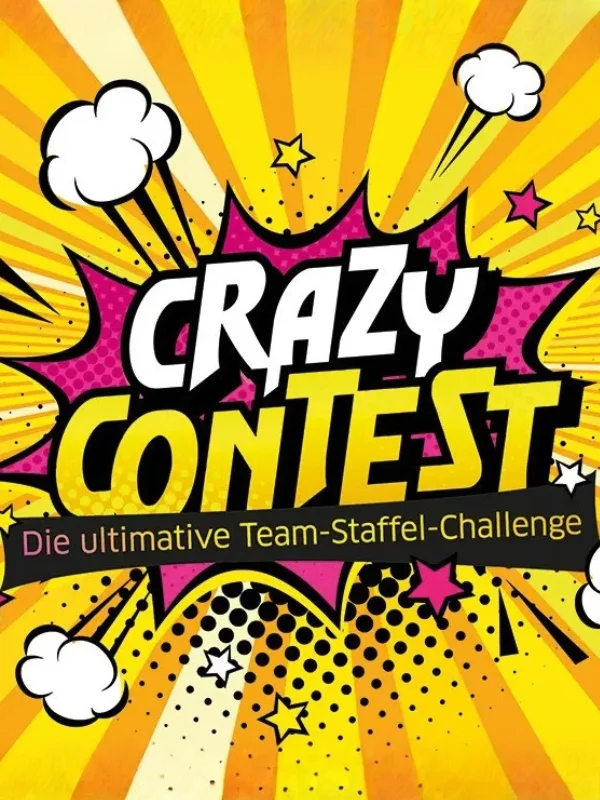 Comic-Stil Banner für Crazy Contest mit gelbem Strahlenhintergrund, Sternen, Wolken und Schriftzug „Die ultimative Team-Staffel-Challenge“.